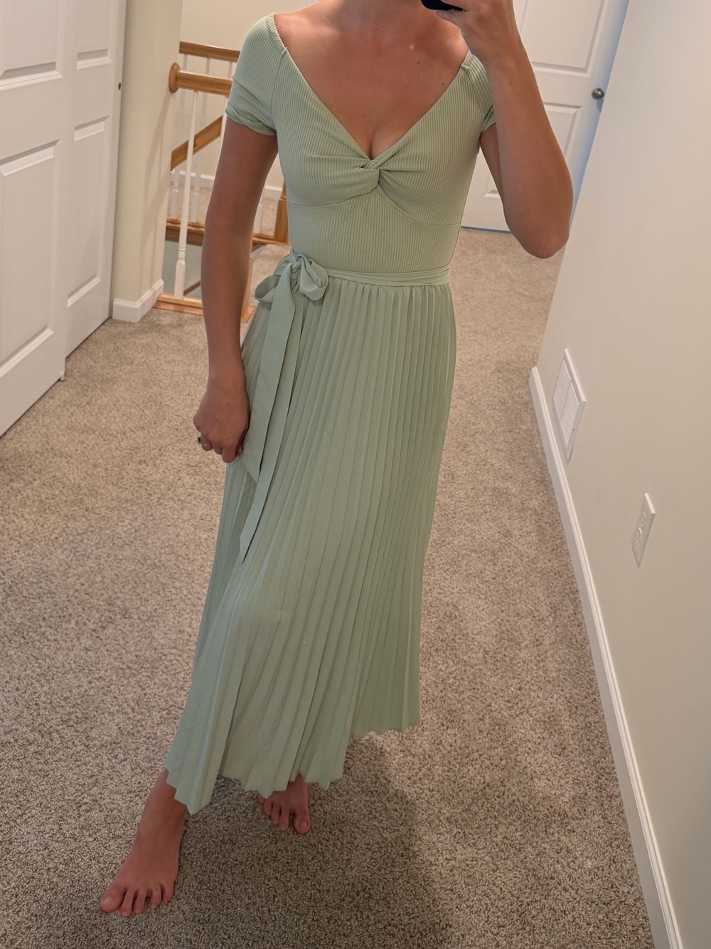 Guess Sage Green Pleated Maxi Dress with Twist V-Neck